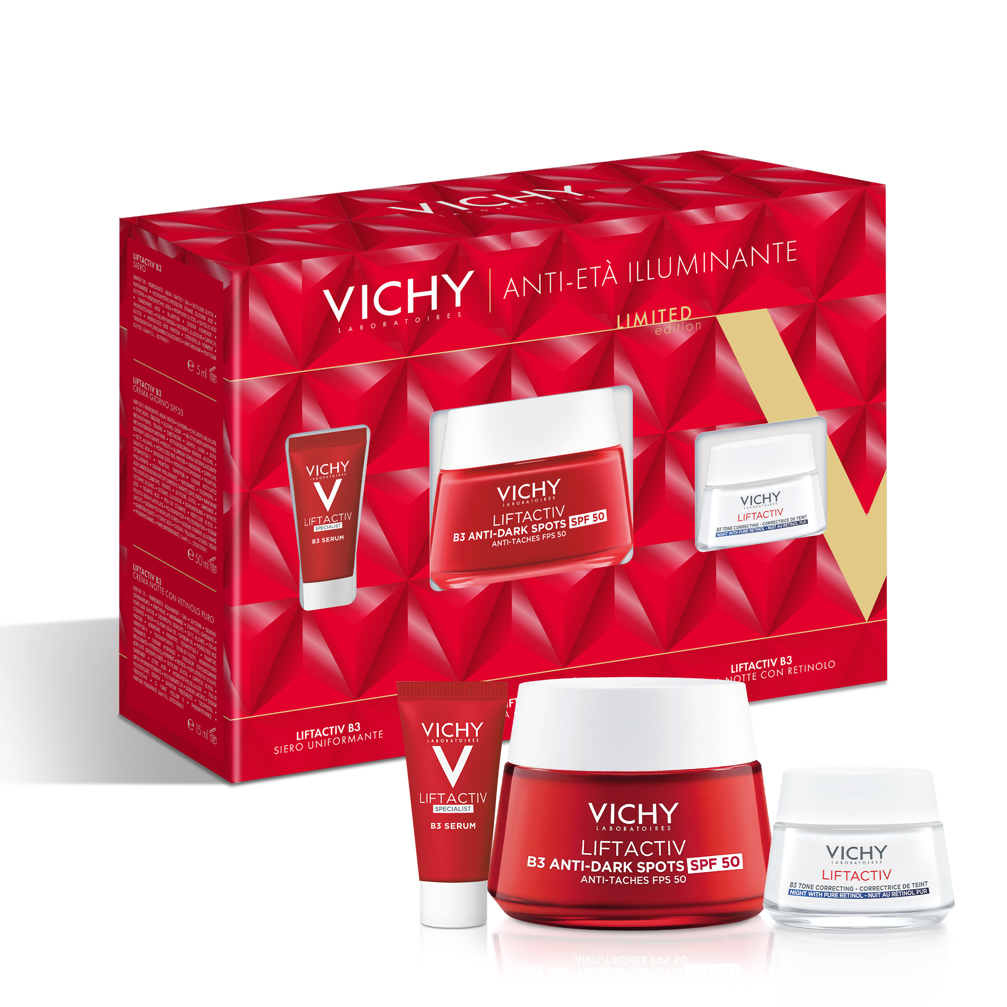 Vichy Cofanetto Regalo per una Pelle Luminosa Anti-Macchie con Liftactiv B3 Anti-macchie Siero 5 ml + Liftactiv B3 Crema Giorno SPF50 50 ml + Liftactiv B3 Crema Notte con Retinolo Puro 15 ml
