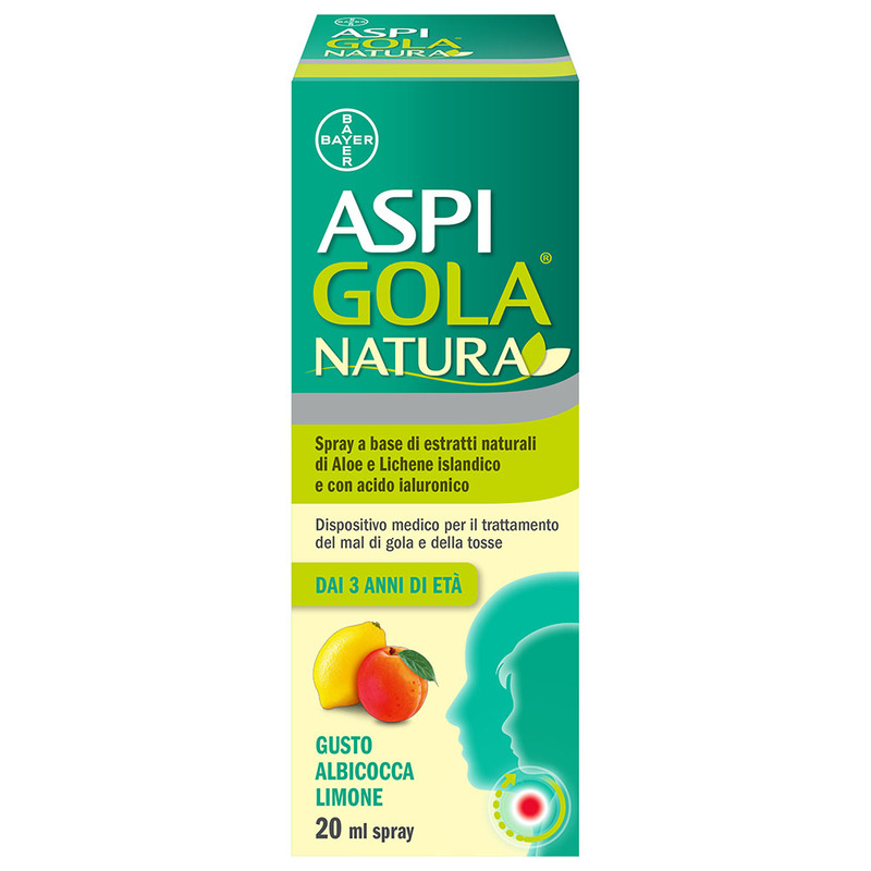 Aspi Gola Natura Spray, con estratti naturali di Aloe, Acido Ialuronico e Lichene Islandico, contro Mal di Gola e Tosse associata, Gusto Albicocca e Limone Flacone da 20ml