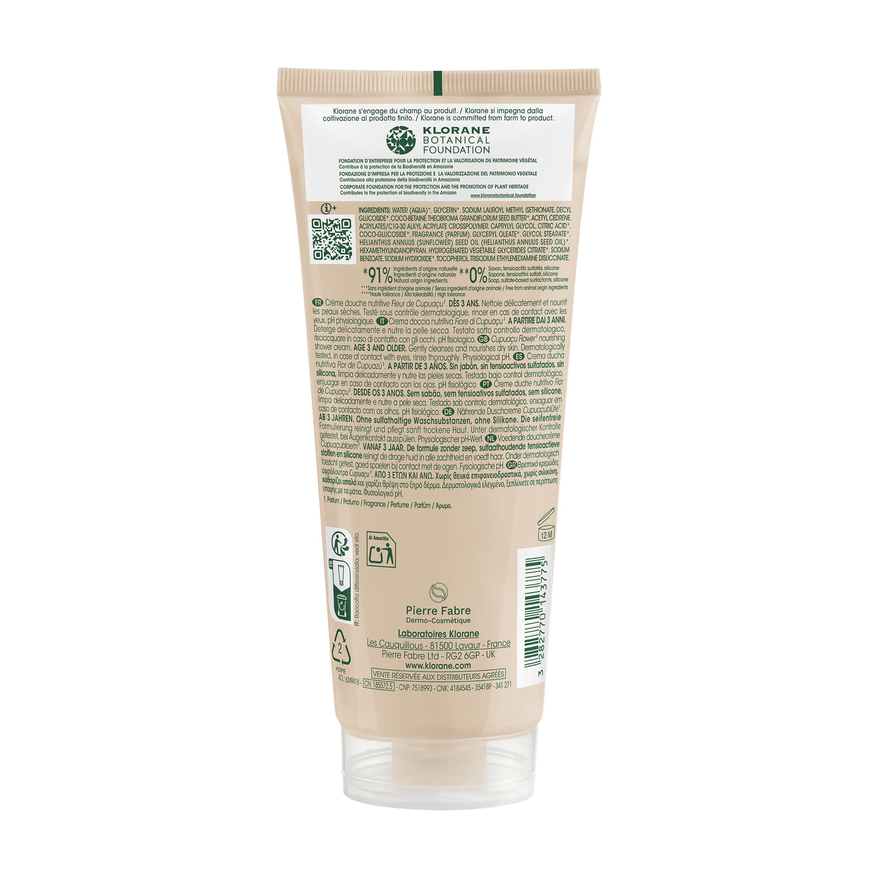 Klorane - Crema Doccia Nutritiva Al Profumo Fiore di Cupuaçu Per Pelle Secca A Molto Secca 200 ml