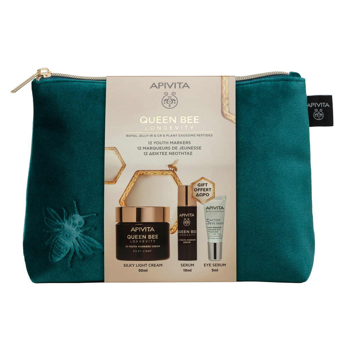 Apivita Queen Bee Longevity Cofanetto Regalo - Crema Leggera Setosa 50 ml + Siero 10 ml + 5 Action Siero Occhi 5 ml