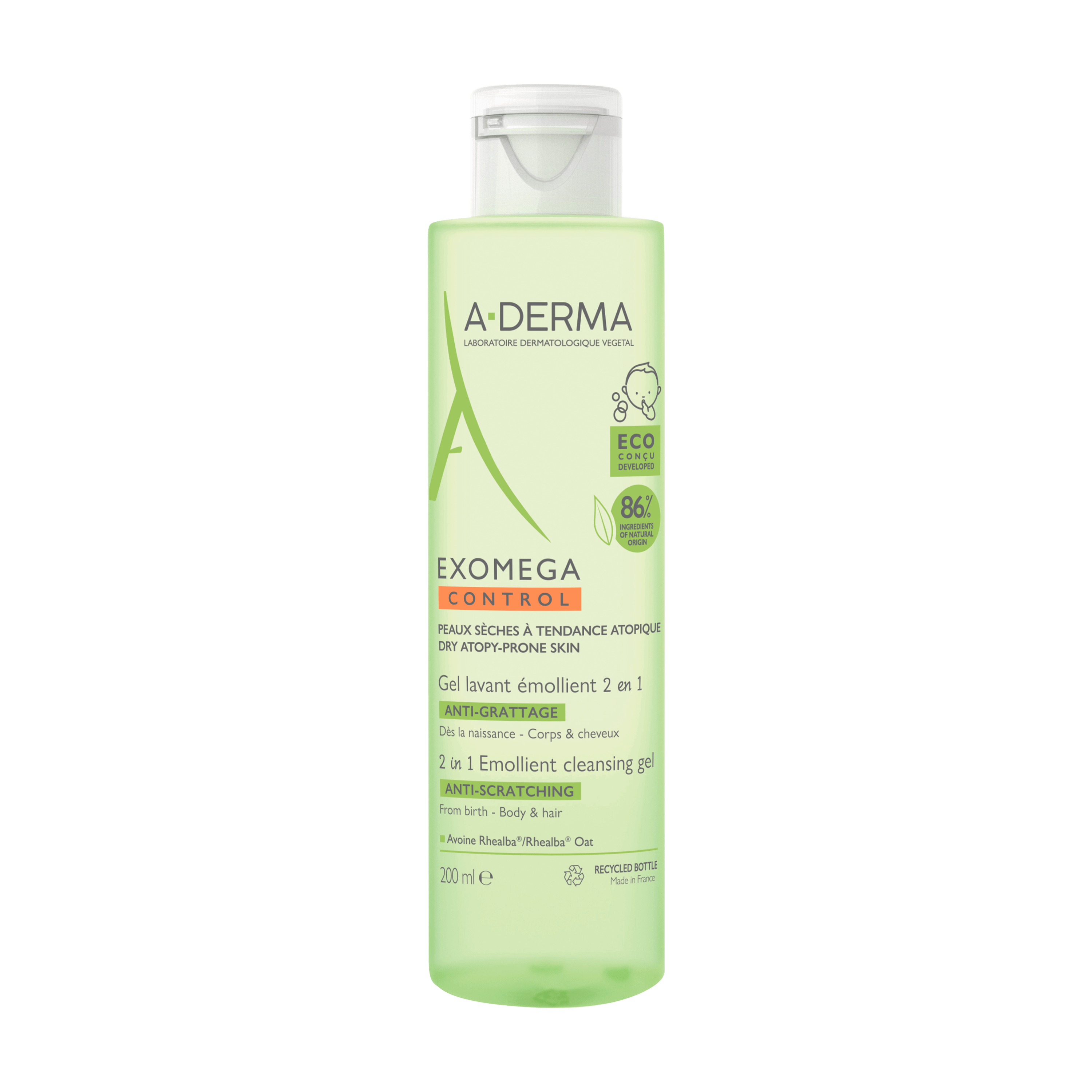 A-Derma Exomega Control Gel Detergente Emolliente 2in1, viso corpo, capelli, Lenisce la sensazione di prurito, Elimina la crosta lattea, Pelle secca a tendenza atopica, 200ml 