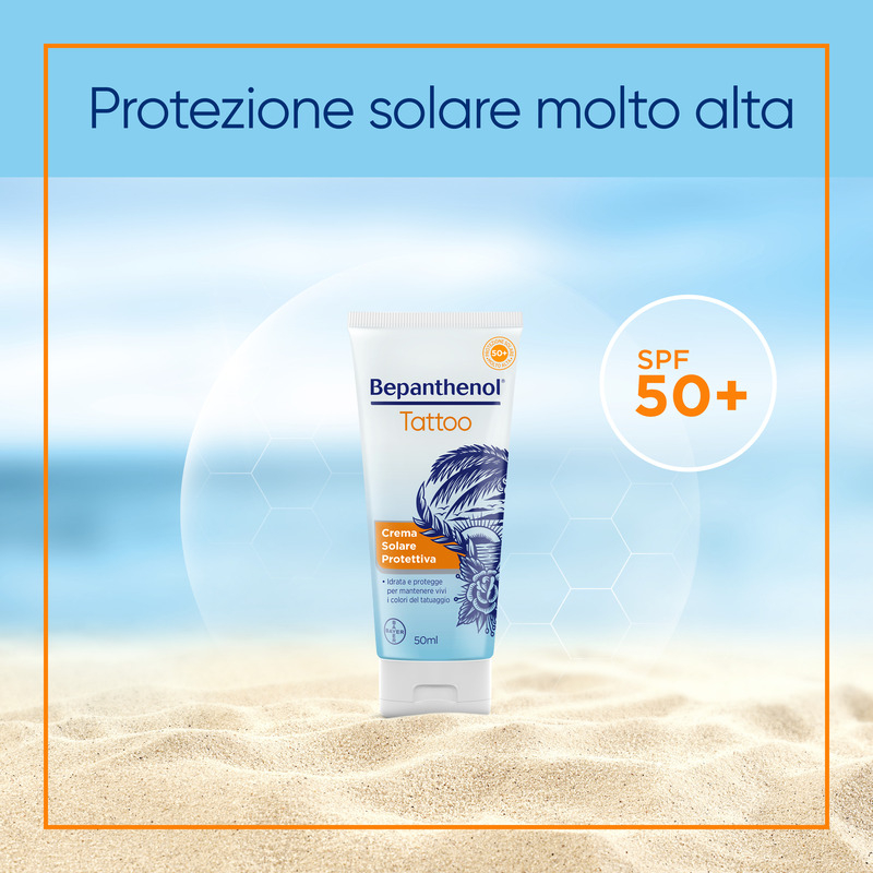 Bepanthenol Tattoo Crema Protezione Solare Molto Alta SPF50+ per Tatuaggio, con Pantenolo, Protegge, Idrata e Rigenera la Pelle Tatuata, 50ml