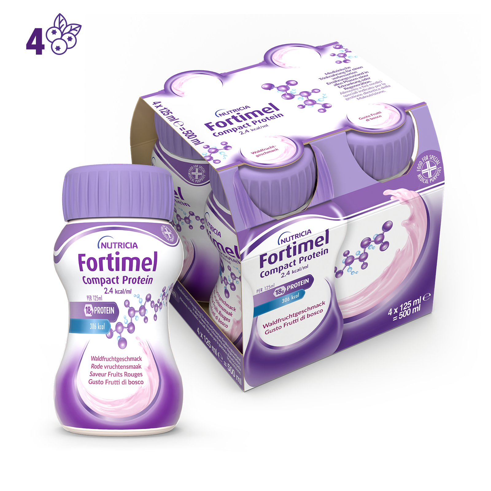 Nutricia Fortimel Compact Protein, Gusto Frutti Di Bosco, Ipercalorico e Iperproteico, 4x125ml