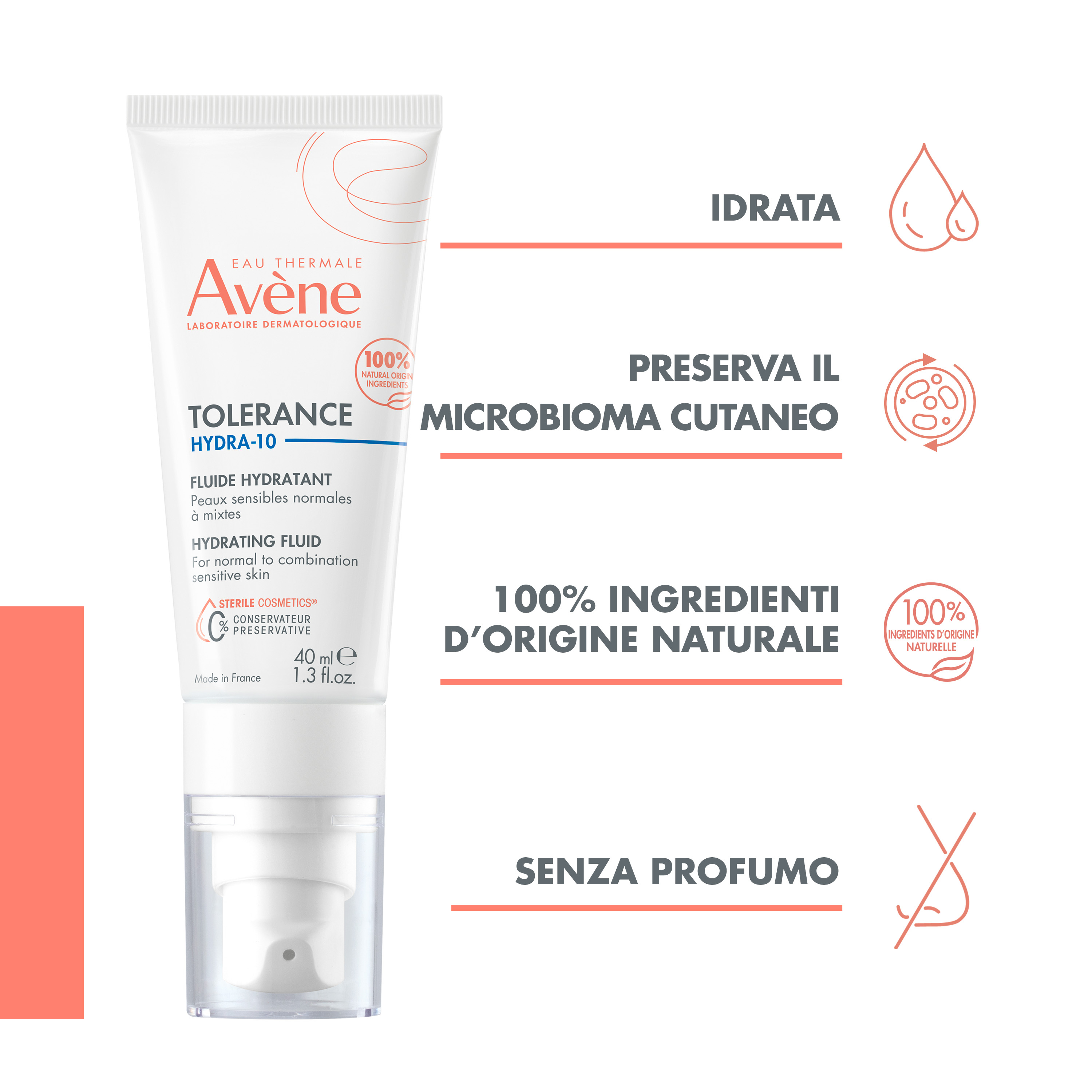 Eau Thermale Avène Tolerance Hydra 10 Fluido Idratante, 48h di idratazione, con Acido ialuronico e Acqua termale, Pelle Secca e Sensibile, Cosmetico Sterile® 40ml