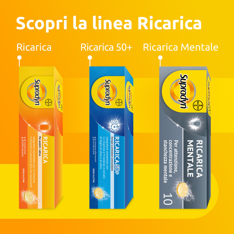 Supradyn Ricarica Mentale Integratore Vitamine e Minerali con Acido Folico, Caffeina e Guaranà per Memoria e Concentrazione, 10 Compresse Effervescenti