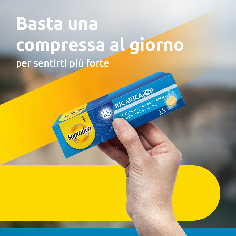 Supradyn Ricarica 50+ Integratore Multivitaminico con Vitamina C, Vitamina D, Minerali, Antiossidanti contro Stanchezza Fisica e invecchiamento, Gusto Arancia, 15 Compresse Effervescenti