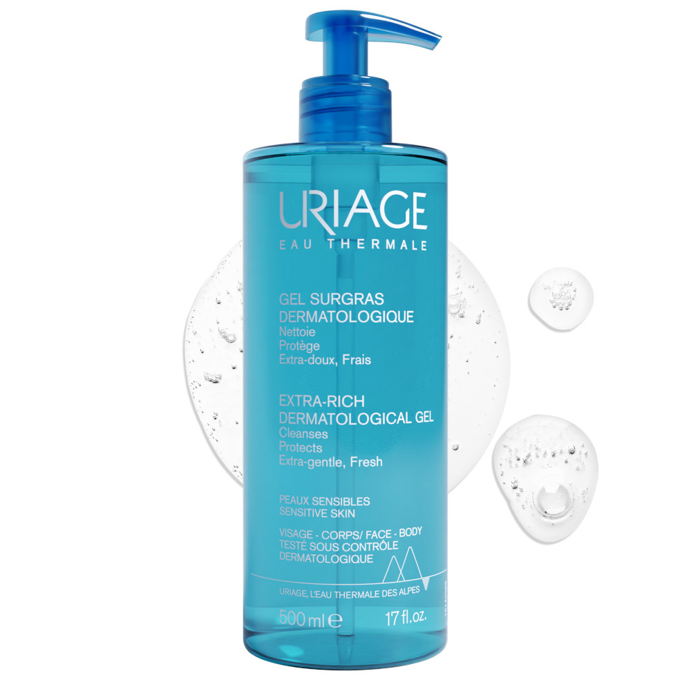 Uriage Gel Surgras Detergente Dermatologico extra-ricco 500ml per viso e corpo ideale per Pelle Sensibile 500 ml