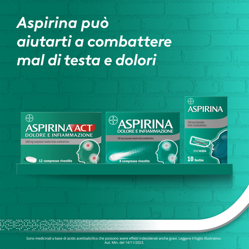 Aspirina Dolore e Infiammazione, Antidolorifico e Antinfiammatorio, contro Dolori Muscolari e Articolari, Cervicale, Mal di Testa, Mal di Schiena, 8 Compresse Rivestite