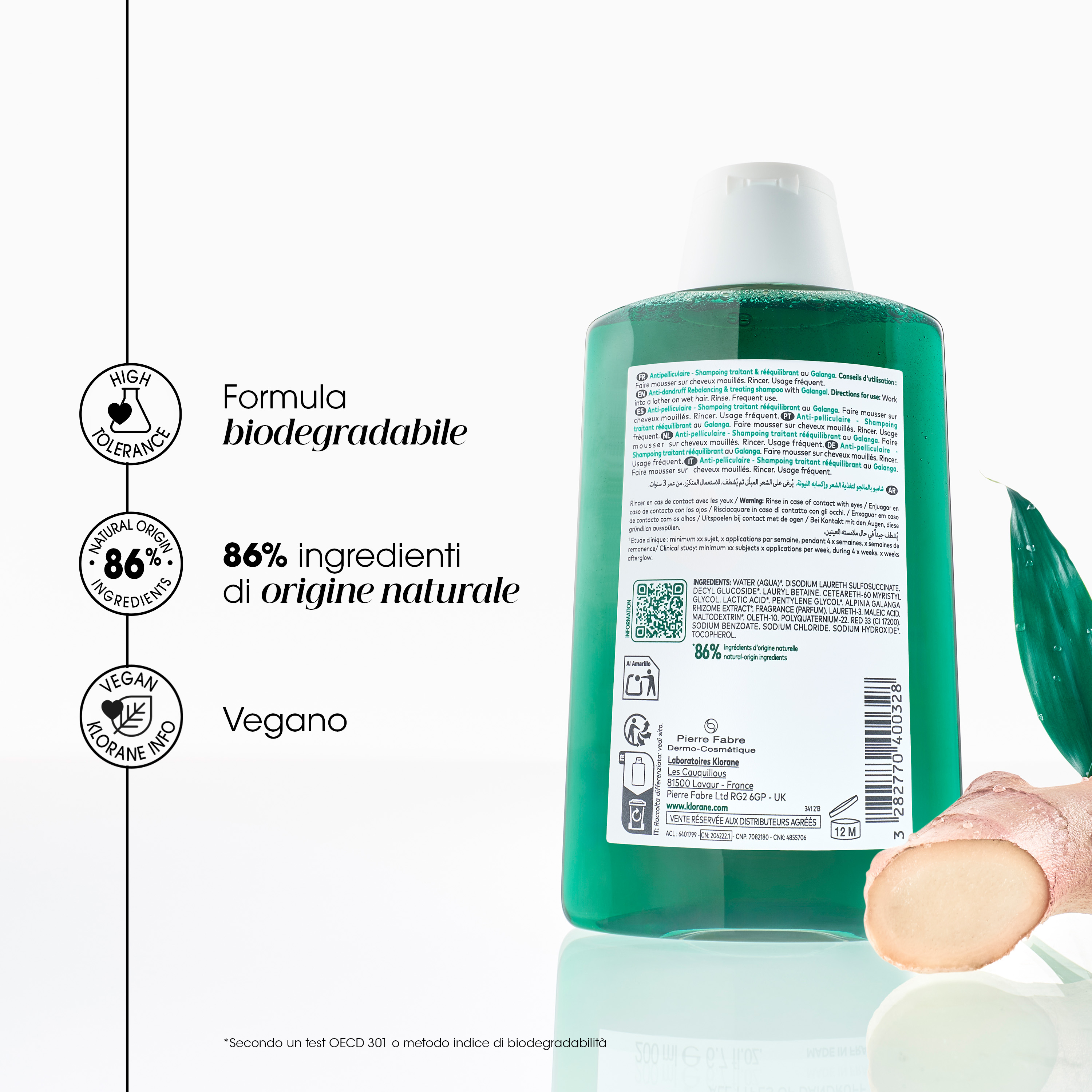 Klorane Anti-Forfora Shampoo trattante e riequilibrante alla Galanga, forfora secca e grassa, 200 ml