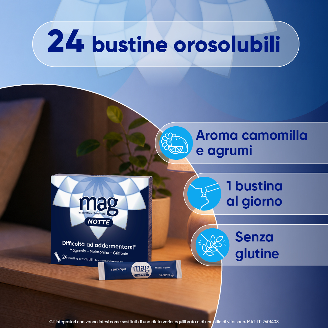 Mag Notte 24 Bustine - Integratore Con Melatonina, Magnesio E Griffonia Per Favorire il Rilassamento E Il Sonno