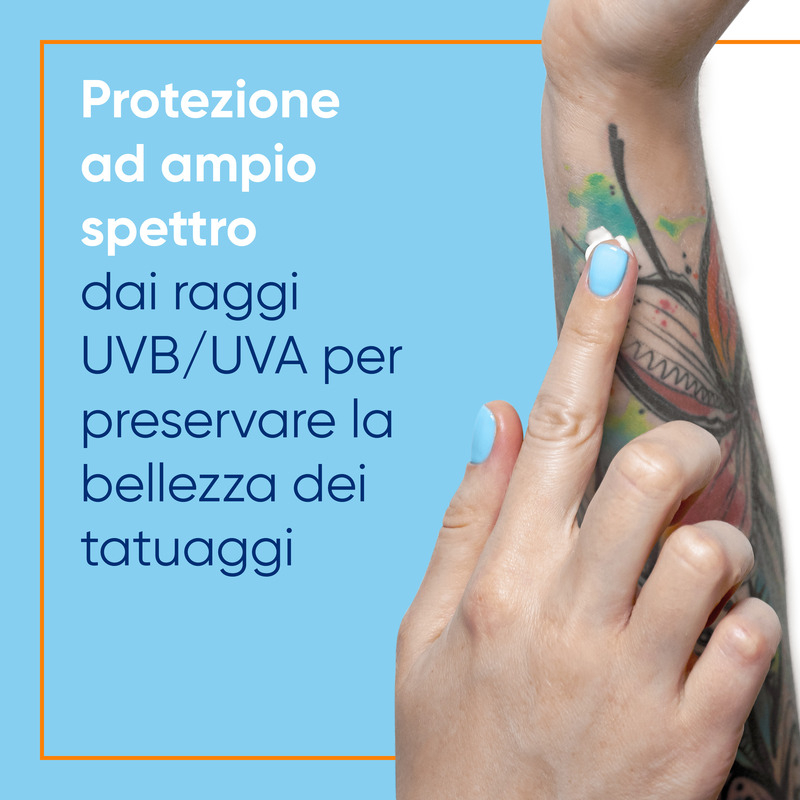 Bepanthenol Tattoo Crema Protezione Solare Molto Alta SPF50+ per Tatuaggio, con Pantenolo, Protegge, Idrata e Rigenera la Pelle Tatuata, 50ml