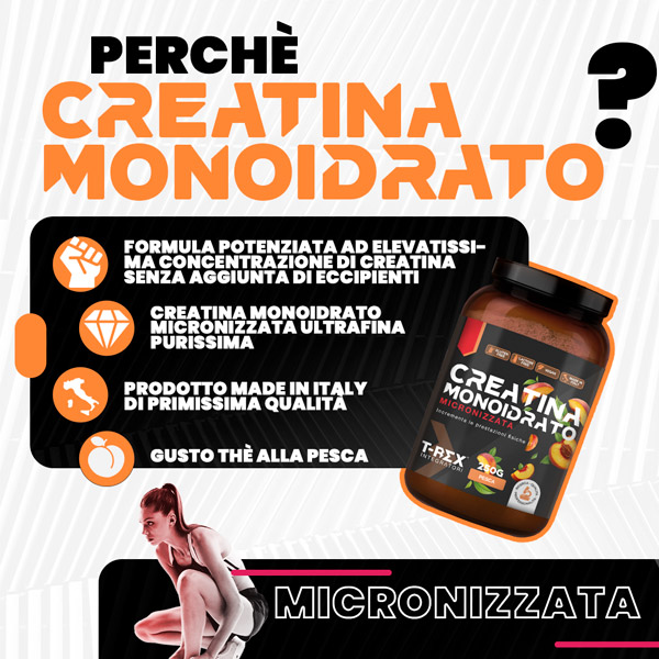 T-Rex Integratori Creatina Monoidrato Micronizzata Gusto Pesca 250 g - Integratore Di Creatina