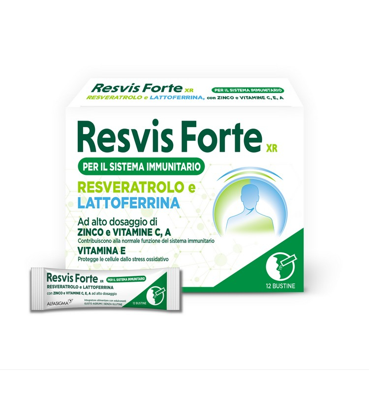 Resvis Forte XR Bustine Orosolubili, Integratore Alimentare di Resveratrolo e Lattoferrina, per il benessere del sistema immunitario, rinforza le difese immunitarie. Senza Glutine, 12 Bustine Orosolubili da 1.8g, Gusto Agrumi