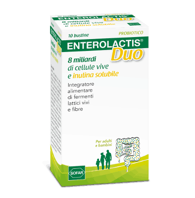 Enterolactis Duo, Integratore Alimentare con Fermenti lattici, probiotici L,Casei DG, 8 Miliardi Cellule Vive, Con Fruttosio, Senza Glutine e Lattosio, 10 Bustine