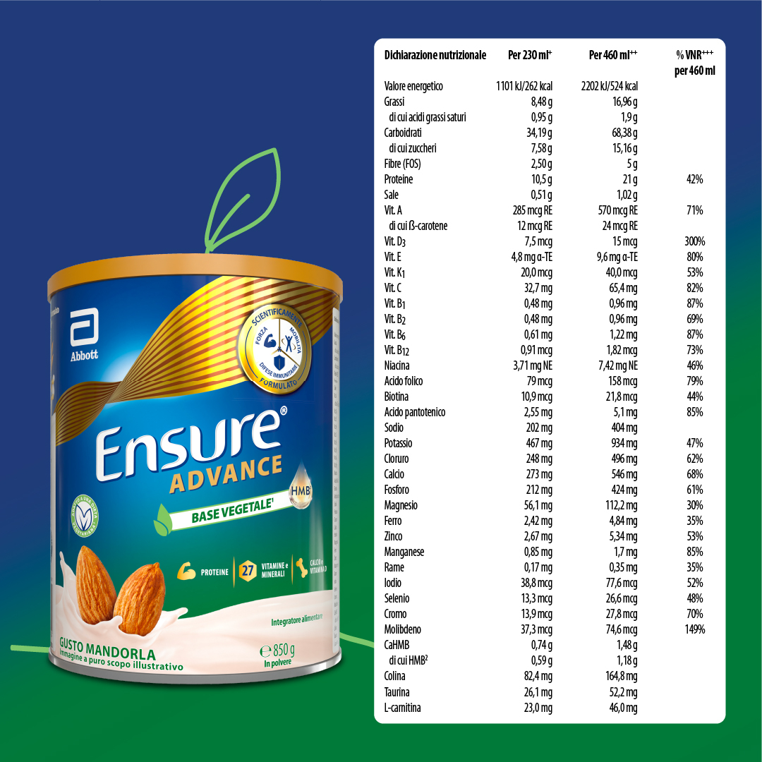 Ensure Advance Base Vegetale, integratore alimentare con Proteine Vegetali. Formato 850g, gusto Mandorla 