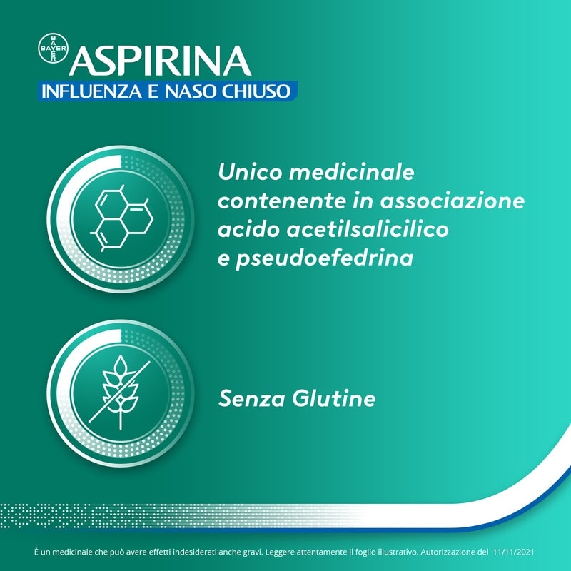 Aspirina Influenza e Naso Chiuso, Granulato per Soluzione Orale, 500mg Acido Acetilsalicilico + 30mg Pseudoefedrina, Effetto Antipiretico e Decongestionante, 10 Bustine