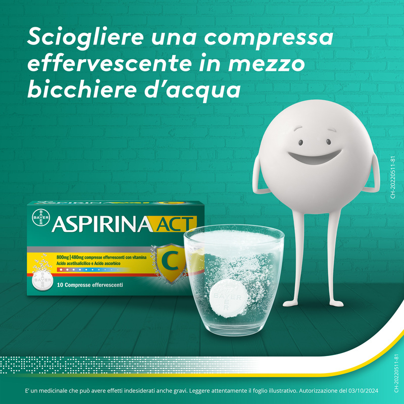 Aspirina ACT C antinfiammatorio e antidolorifico per Febbre e Sintomi Influenzali con Vitamina C 10 Compresse Effervescenti 