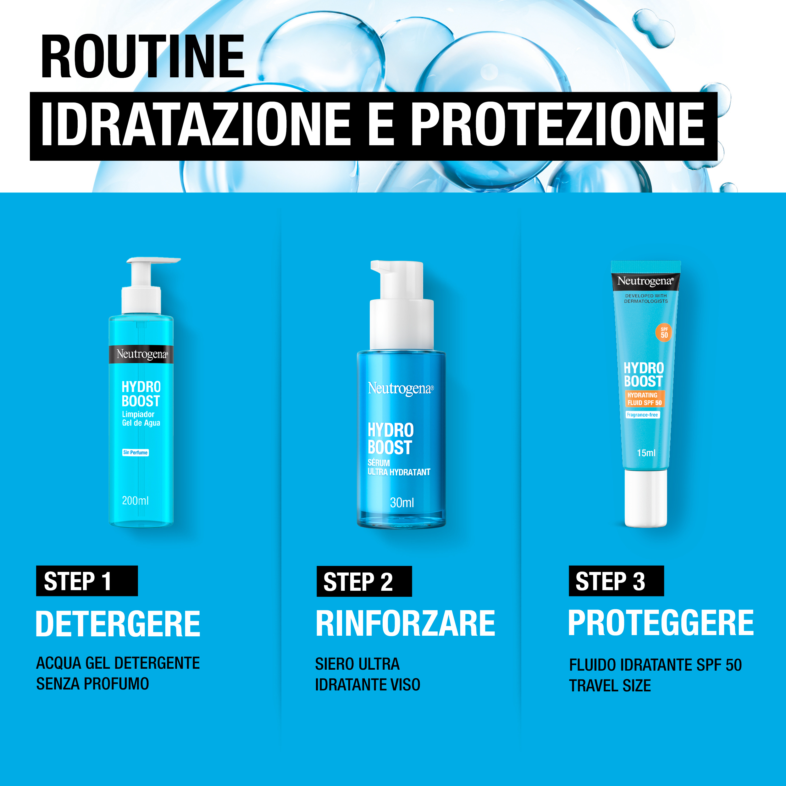 Neutrogena Idratazione e Protezione Hydro Boost Detergente 200 ml + Siero 30 ml + Fluido SPF50 15ml