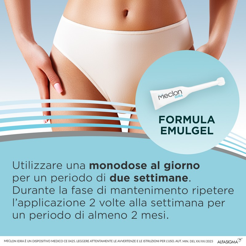Meclon Idra, Trattamento Emulgel Lenitivo e Calmante che Può Essere Utilizzato dalle Donne che Soffrono di Vaginite Atrofica, 7 Applicatori Monodose