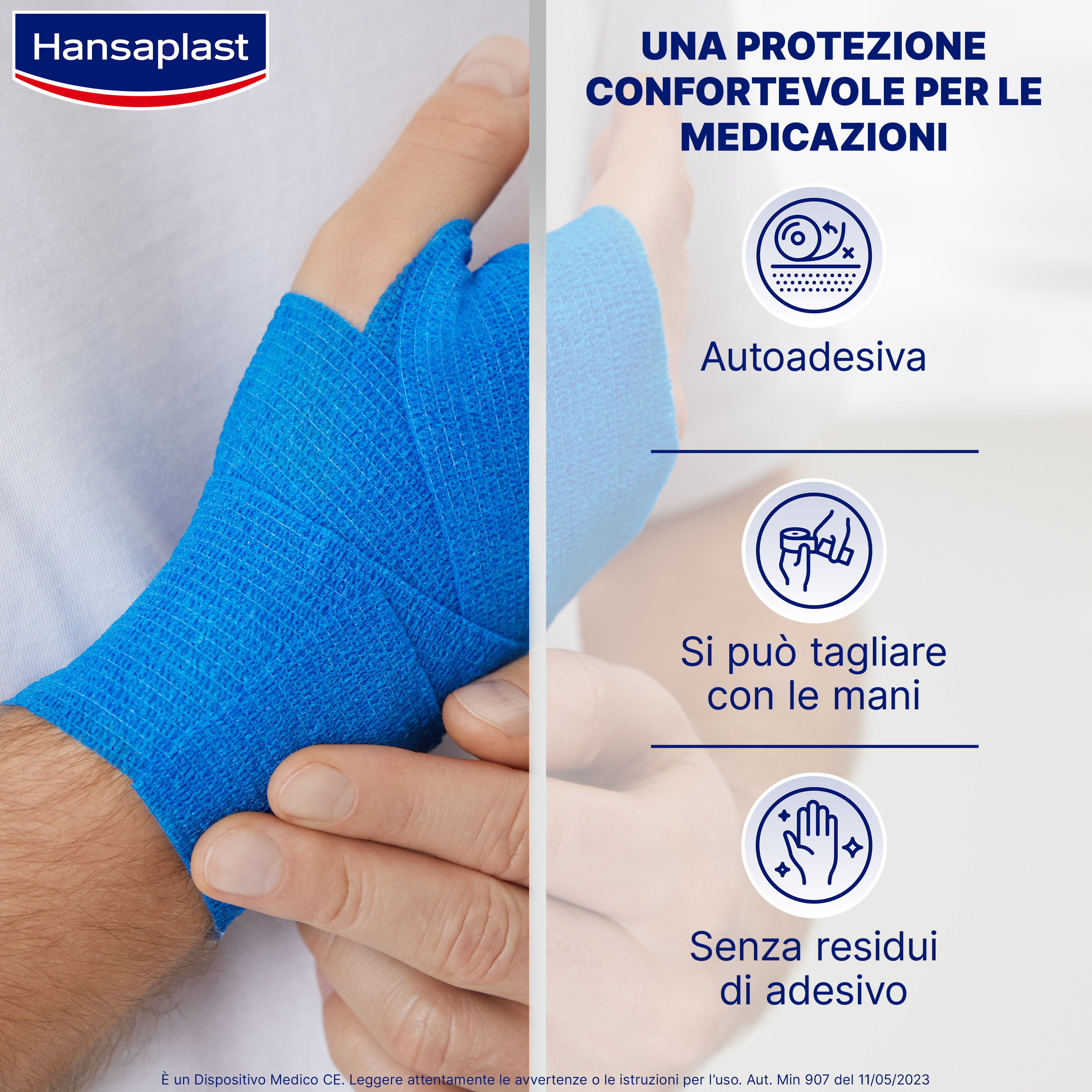 Hansaplast Benda Autoadesiva Blu 4m x 6cm, Tape flessibile per il fissaggio di bende e compresse