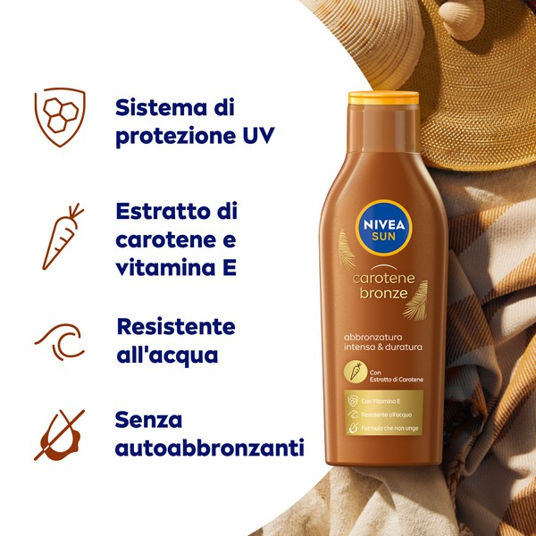 Nivea Sun Latte Solare Carotene Bronze FP6 200 ml, Crema solare abbronzante FP6 per una pelle dorata