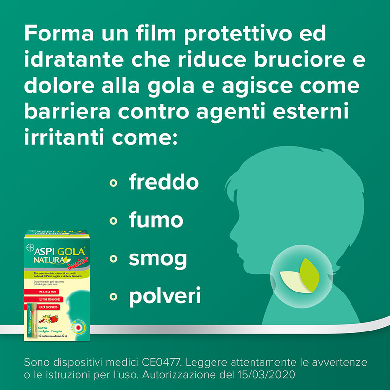 Aspi Gola Natura Junior Sciroppo per bambini, a base di estratti naturali, contro Mal di Gola e Tosse associata, Gusto Vaniglia e Fragola, 16 Bustine Monodose da 5ml