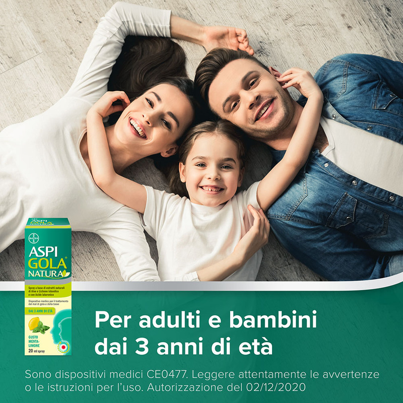 Aspi Gola Natura Spray, con estratti naturali di Aloe, Acido Ialuronico e Lichene Islandico, contro Mal di Gola e Tosse associata, Gusto Menta e Limone, Flacone da 20ml