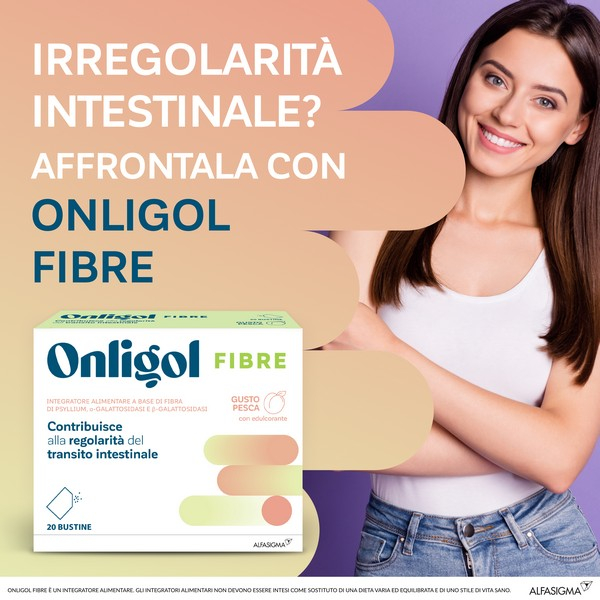 Onligol Fibre, integratore lassativo a base di fibre di Psyllium - utile in caso di stitichezza - Gusto Pesca 20 Bustine
