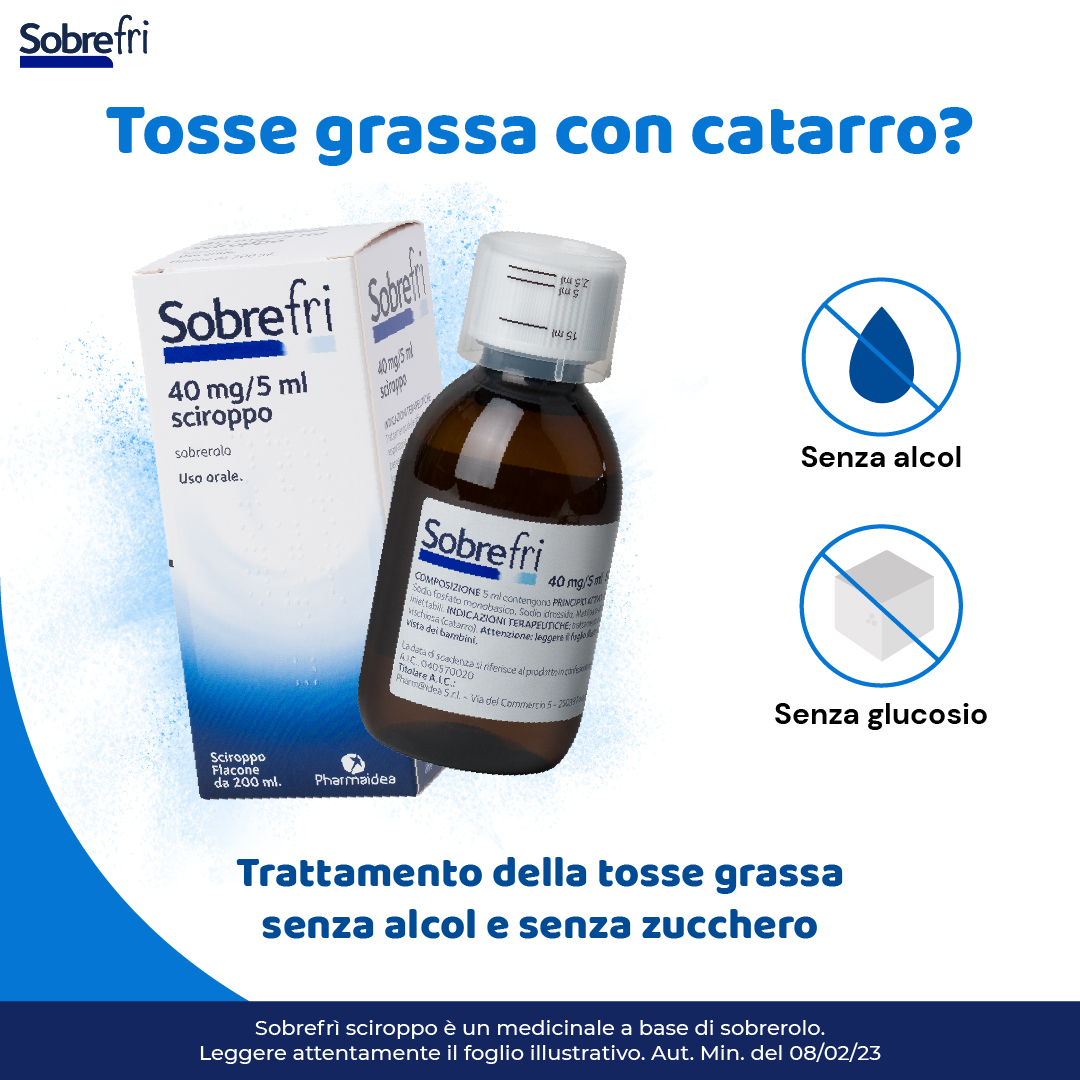 SOBREFRI SCIROPPO MUCOLITICO TOSSE GRASSA SENZA ZUCCHERO 2 ANNI+ 200 ML 