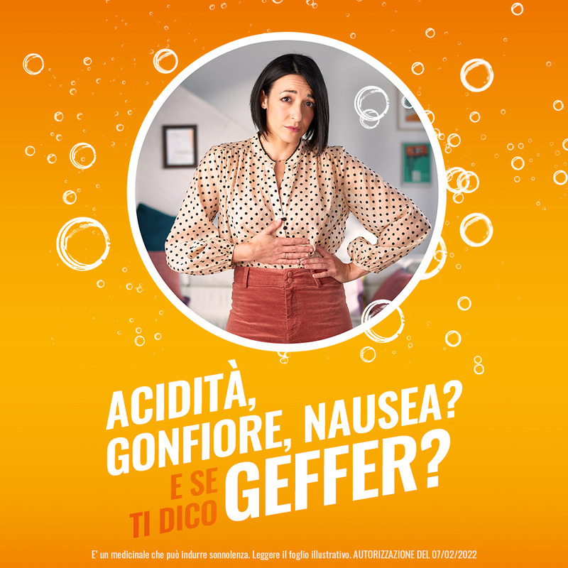 Geffer Granulato Effervescente, per Iperacidità, Dolore e Bruciore di stomaco,  favorisce la Digestione, contrasta Nausea, Gonfiore e Meteorismo, Gusto Arancia, 24 Bustine