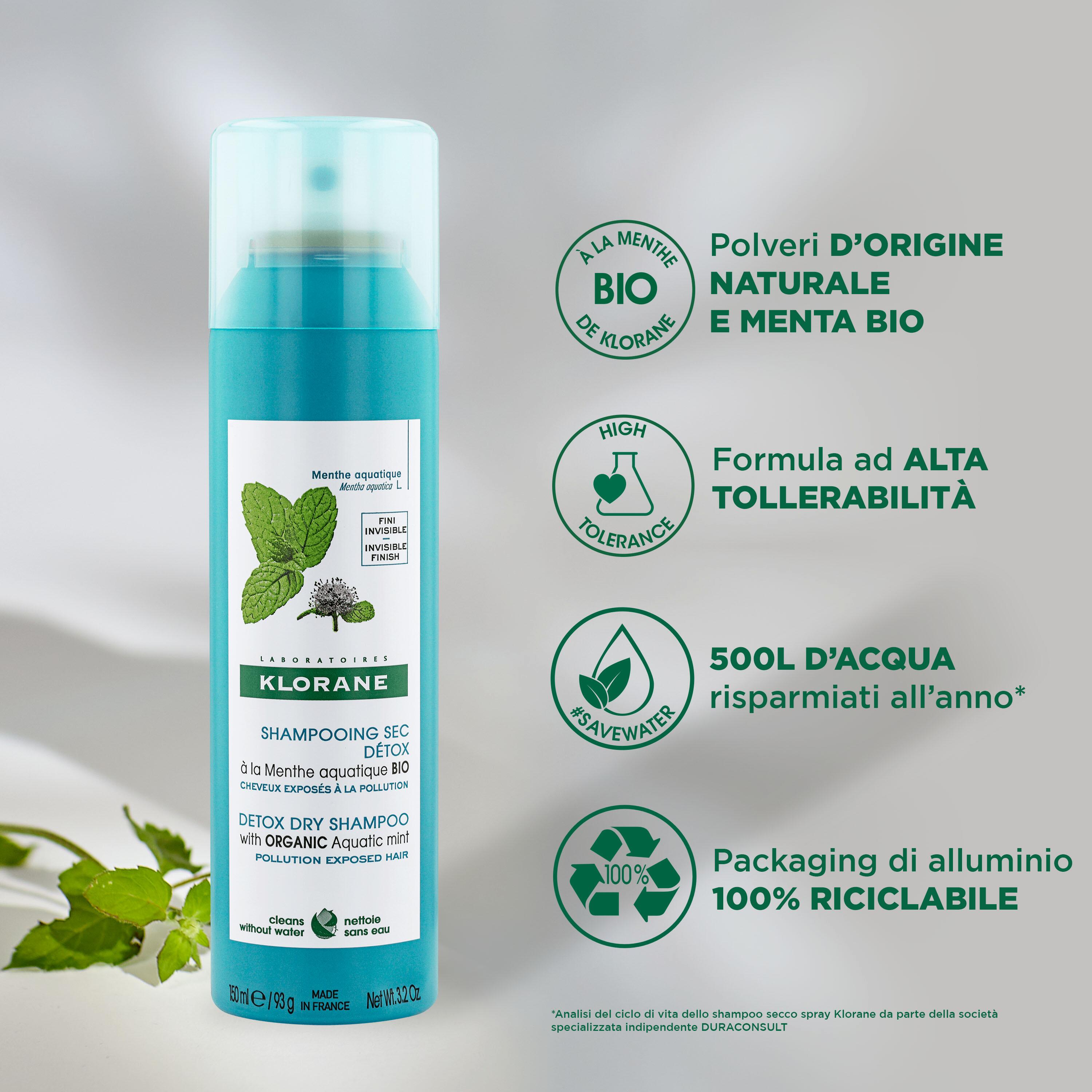 Klorane - Shampoo Secco Detox Alla Menta Acquatica Bio Per Tutti Tipi Di Capelli 150 ml
