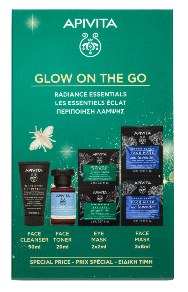 Apivita Glow On The Go Cofanetto Regalo - Gel Detergente 50 ml + Tonico Perfezionatore Idratante 20 ml + 2 Maschere Occhi + 2 Maschere Viso