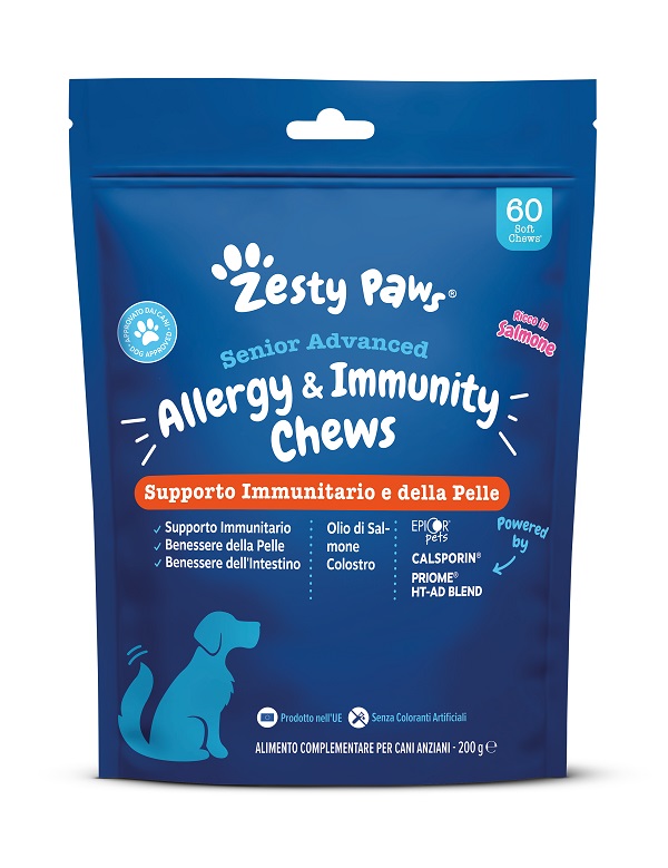 ZESTY PAWS Senior Advanced Allergy & Immunity - Alimento complementare per cani anziani a supporto della salute immunitaria, cutanea ed intestinale - 60CHEWS