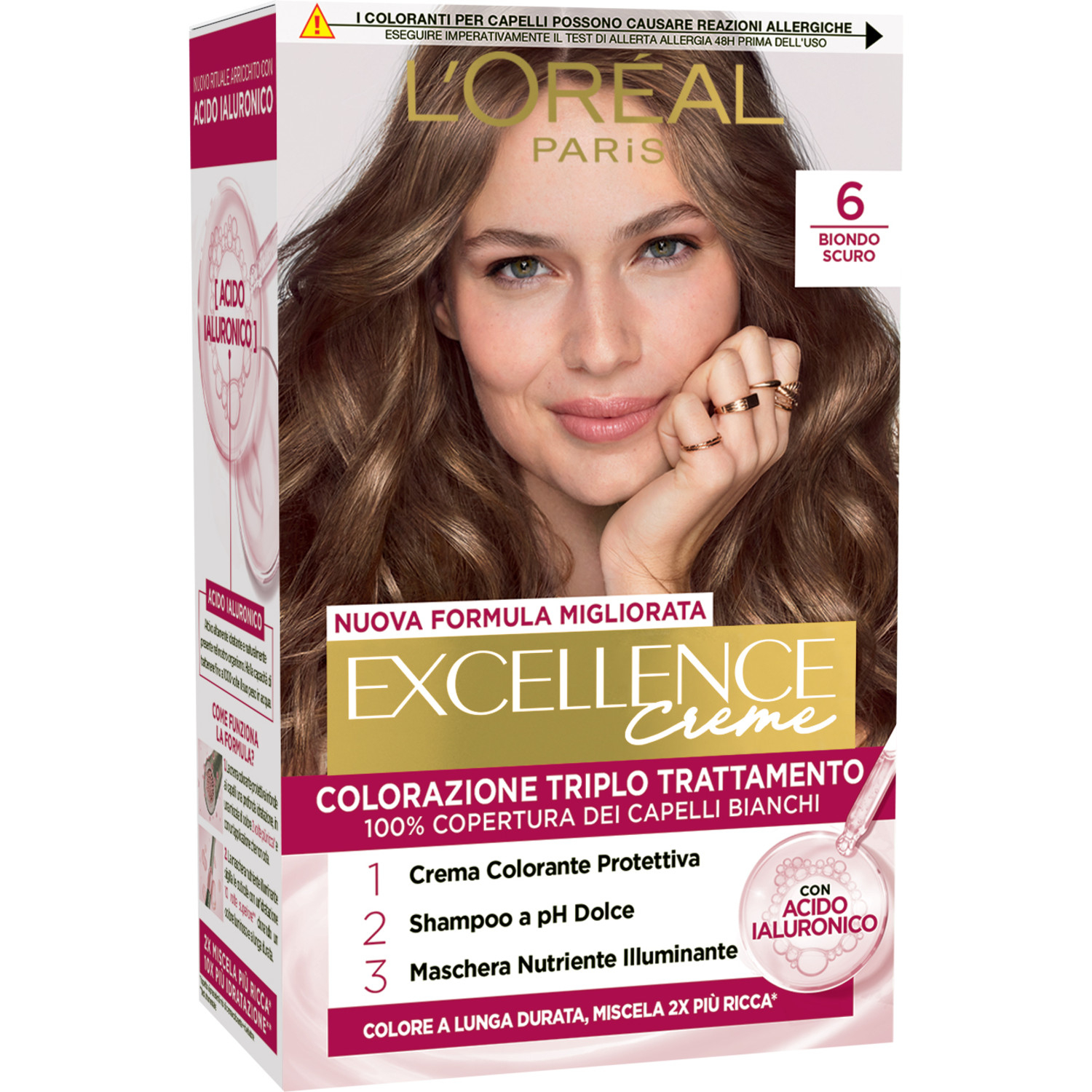 L'Oréal Paris Colorazione Triplo Trattamento Excellence, Con Acido Ialuronico, 100% Copertura Capelli Bianchi, Per Capelli Più Idratati, Biondo Scuro (6)