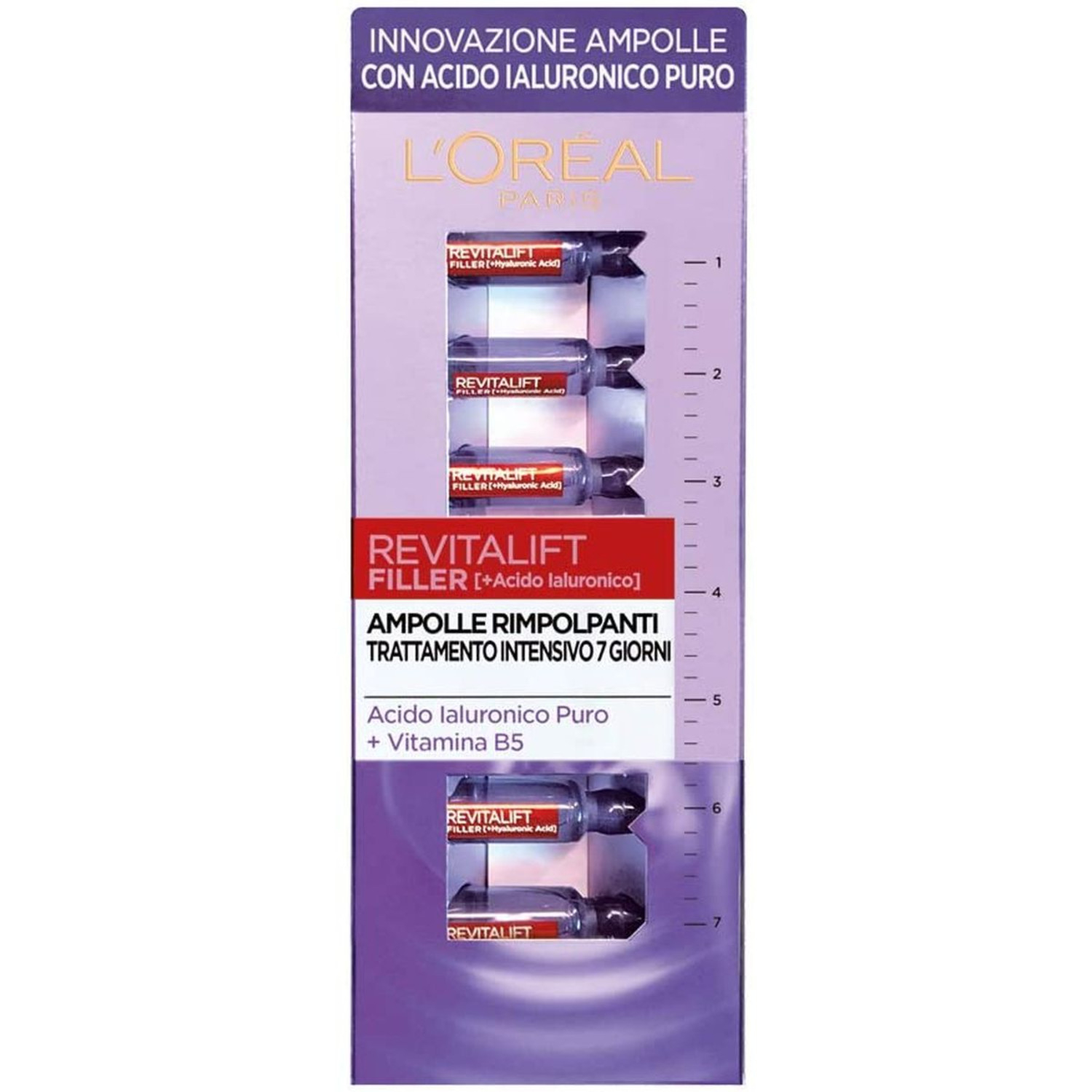 L'Oréal Paris Ampolle Rimpolpanti Revitalift Filler, Azione Antirughe, con Acido Ialuronico Puro 100% Concentrato e Vitamina B5, Trattamento Intensivo 7 Giorni, 7x1 ml