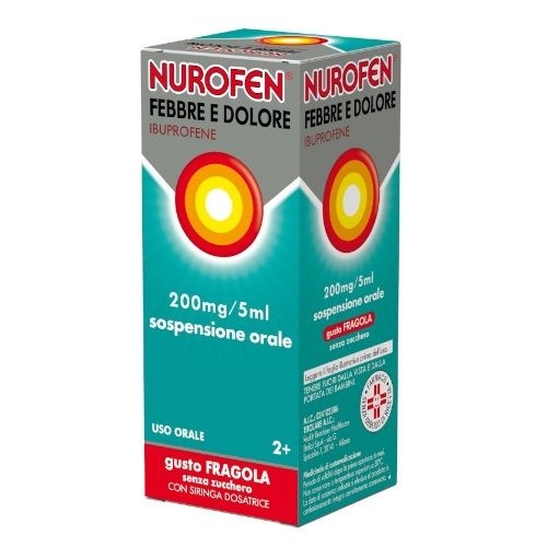 Nurofen Febbre e Dolore Bambini - Sospensione Orale - Gusto Fragola - Senza zucchero - 200 mg/5 ml di Ibuprofene - 100 ml
