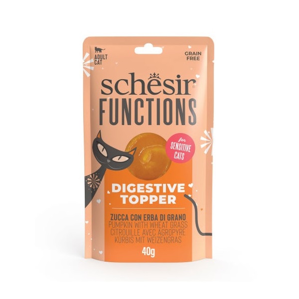 SCHESIR GATTO FUNCTIONS DIGESTIVE TOPPER GRAIN FREE SENSITIVE ADULT ZUCCA 40GR (bustina)