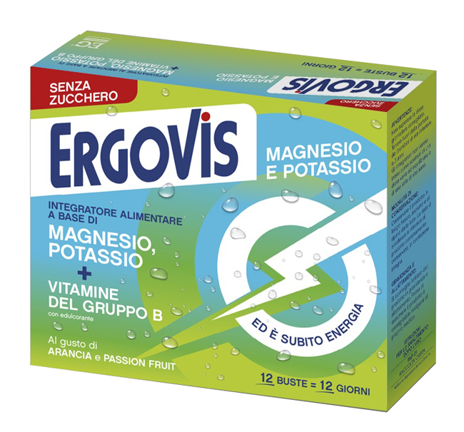 Ergovis Magnesio e Potassio + Vitamina B senza zucchero 12 bustine gusto arancia e passion fruit