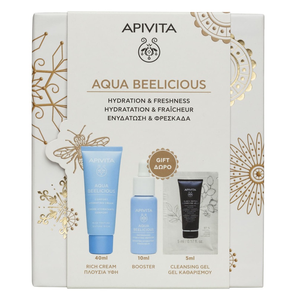 Apivita Aqua Beelicious Cofanetto Regalo - Gel-Crema Idratante 40 ml + Booster Rivitalizzante Idratante 10 + Gel Detergente Nero 5 ml