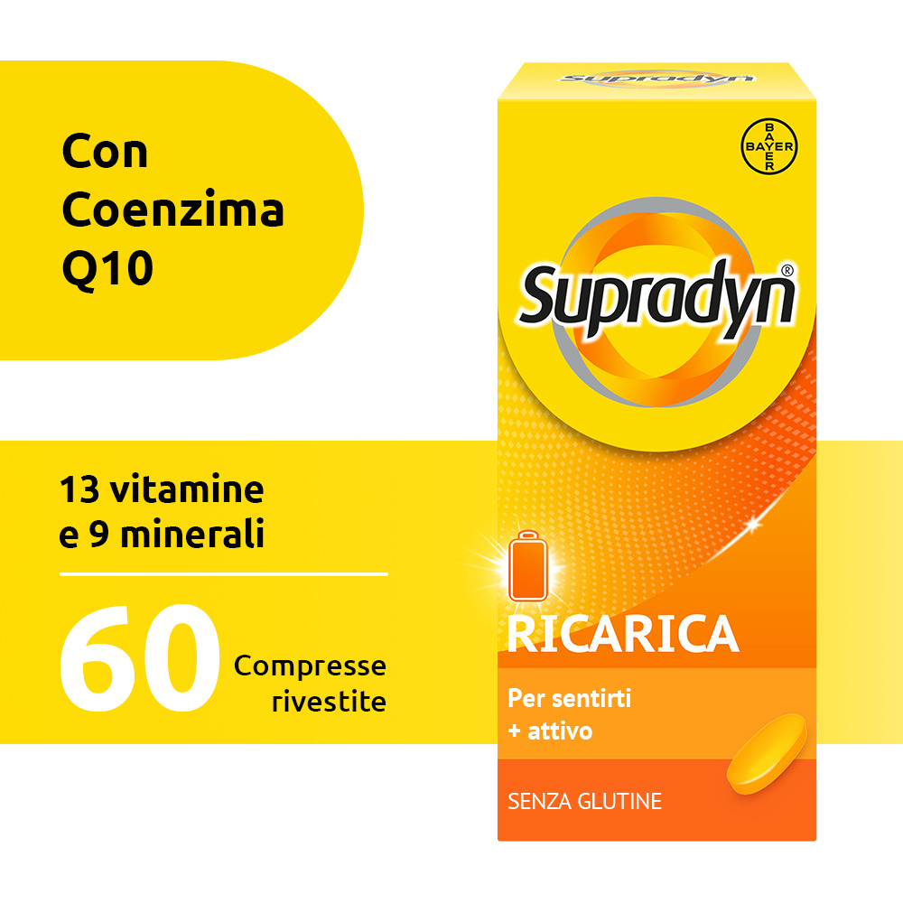 Supradyn Ricarica Integratore Multivitaminico Completo con Vitamine A, B, C, D, E, K, Minerali e Coenzima Q10 contro la Stanchezza, Gusto Arancia, 60 Compresse Rivestite