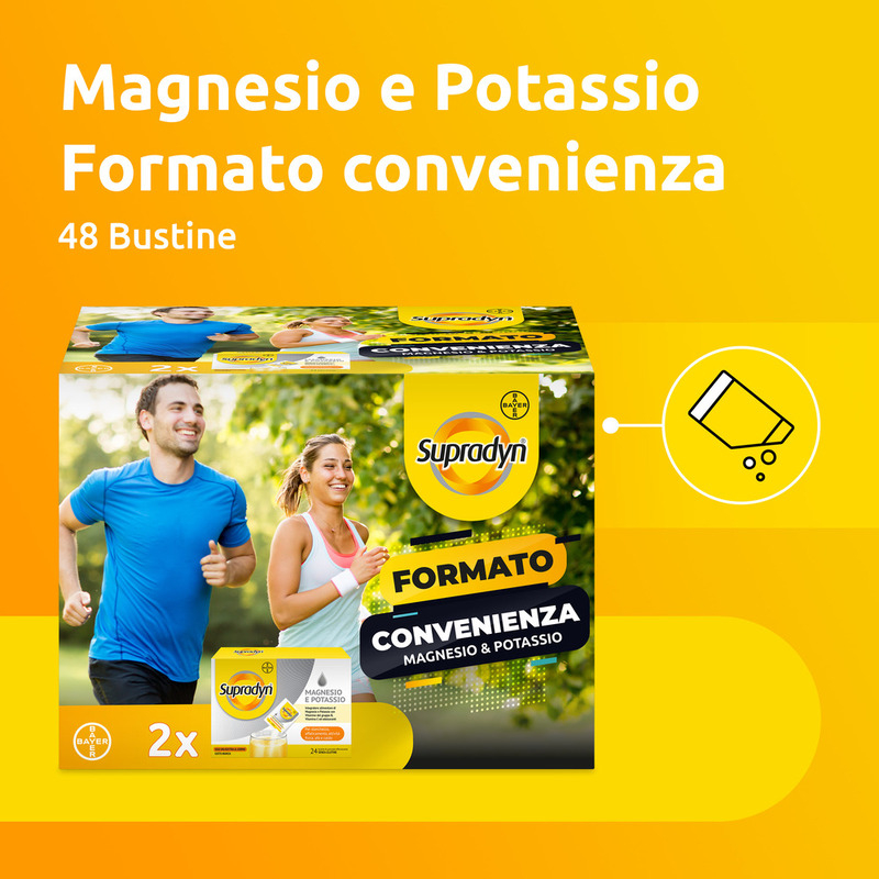 Supradyn Magnesio e Potassio, Edizione Limitata, Integratore completo  con Vitamine B, Vitamina C e Minerali, in caso di Caldo, Afa e Sport, Gusto Arancia, 24 + 24 Bustine