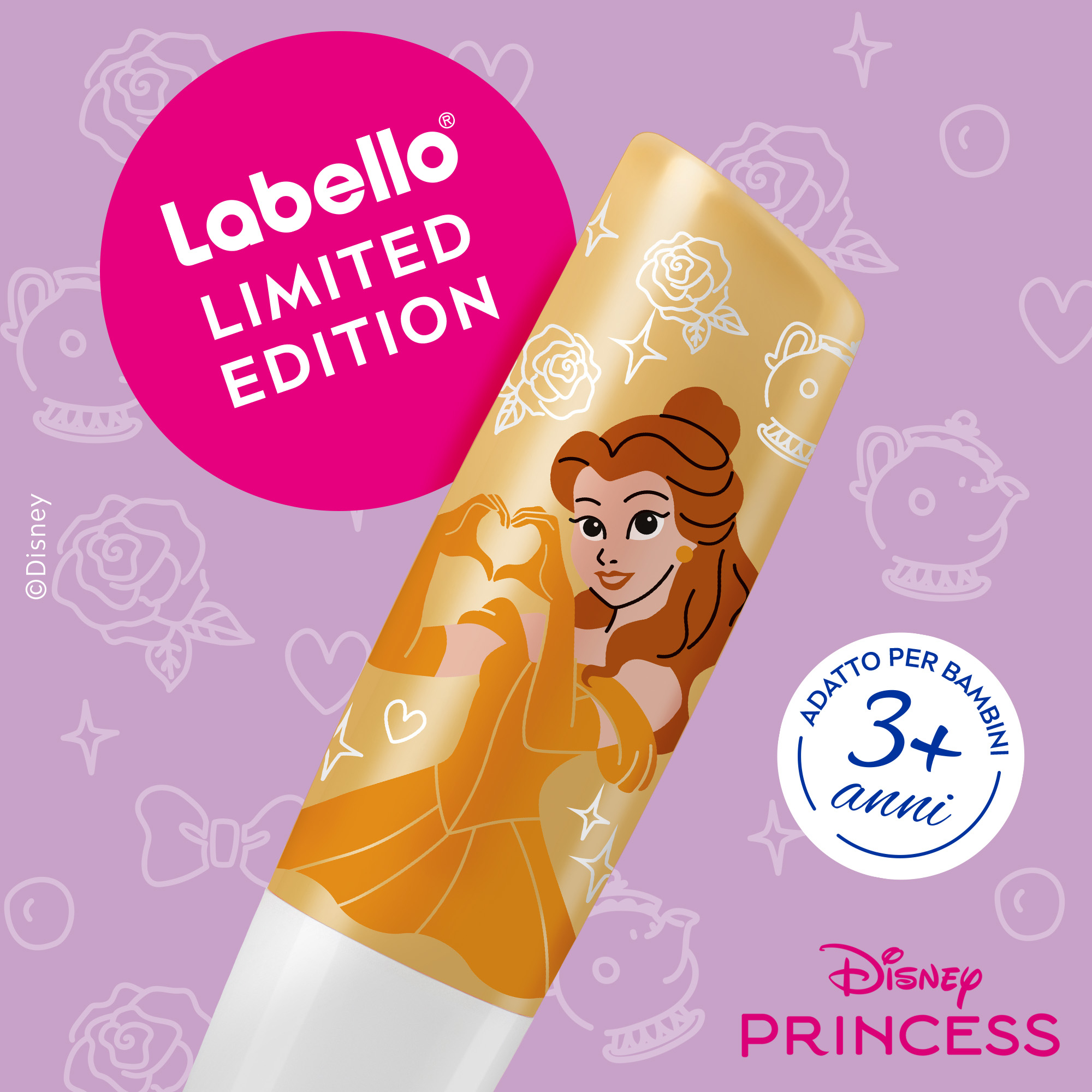 Labello Disney Princess Limited Edition - BELLE - Balsamo labbra colorato ad azione idratante prolungata, adatto dai 3 anni in su - Burrocacao aroma vaniglia, 4.8g