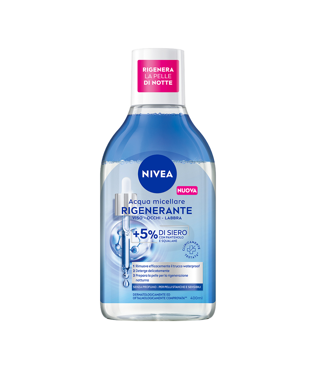 Nivea Acqua Micellare Rigenerante 400 ml, Struccante viso e occhi con 5% siero + Aminoacid Complex