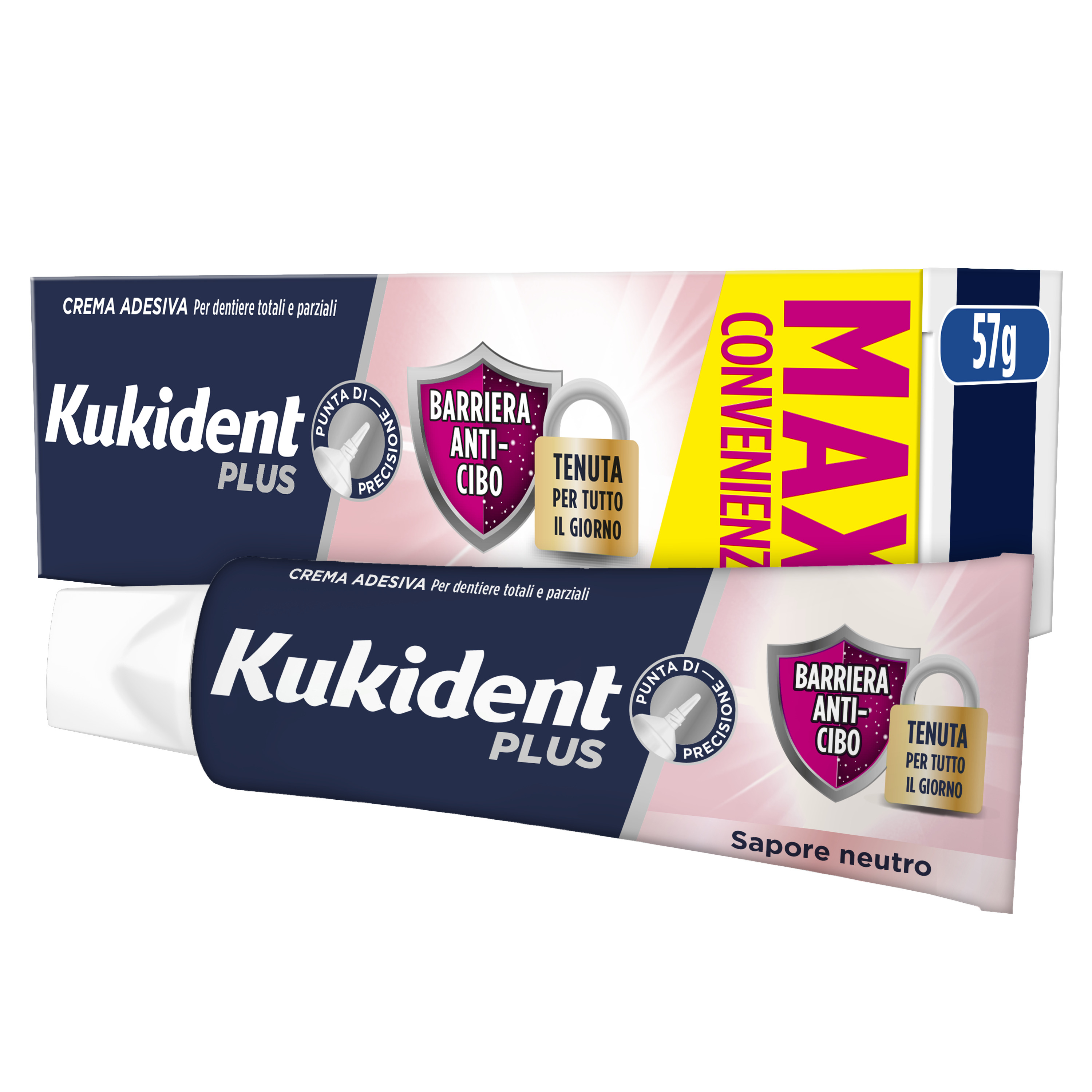 Kukident Plus Barriera Anti-cibo. Crema Adesiva Per Dentiere Totali e Parziali. Sapore Neutro 57 ml