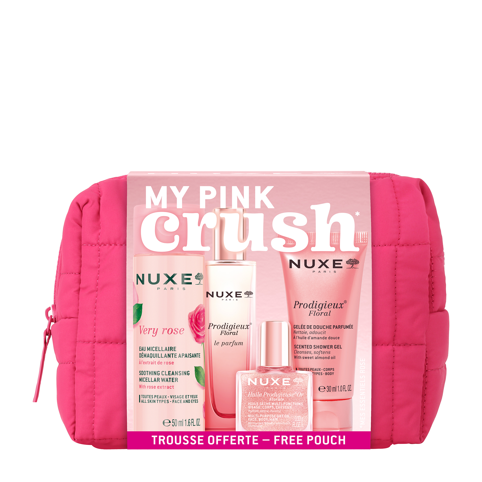 Nuxe - Trousse My Pink Crush - Gel Doccia 30 ml + Huile Prodigieuse Or Florale 10 ml + Le Parfum 15 ml + Acqua Micellare 50 ml