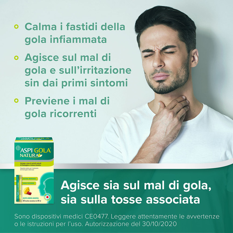 Aspi Gola Natura Sciroppo, con estratti naturali di piantaggine e Lichene Islandico, contro Mal di Gola e Tosse associata, Gusto Limone e Amarena, 16 Bustine Monodose da 10ml