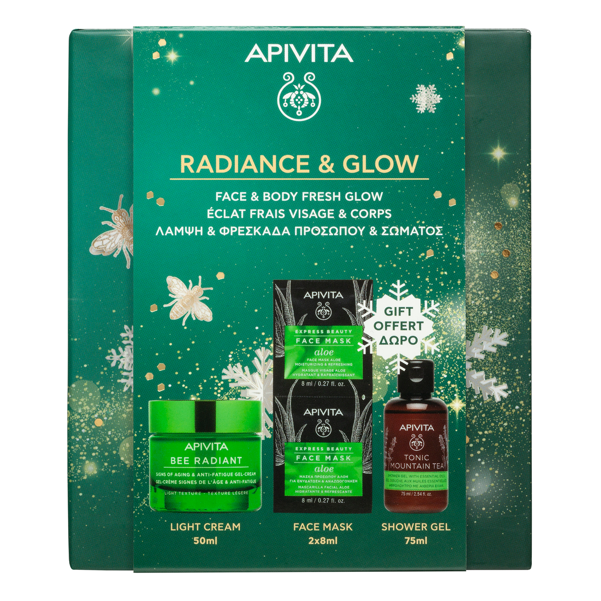 Apivita Radiance & Glow Cofanetto Regalo - Crema Leggera 50 ml + Gel Doccia 75 ml + 2 Maschere Aloe Viso