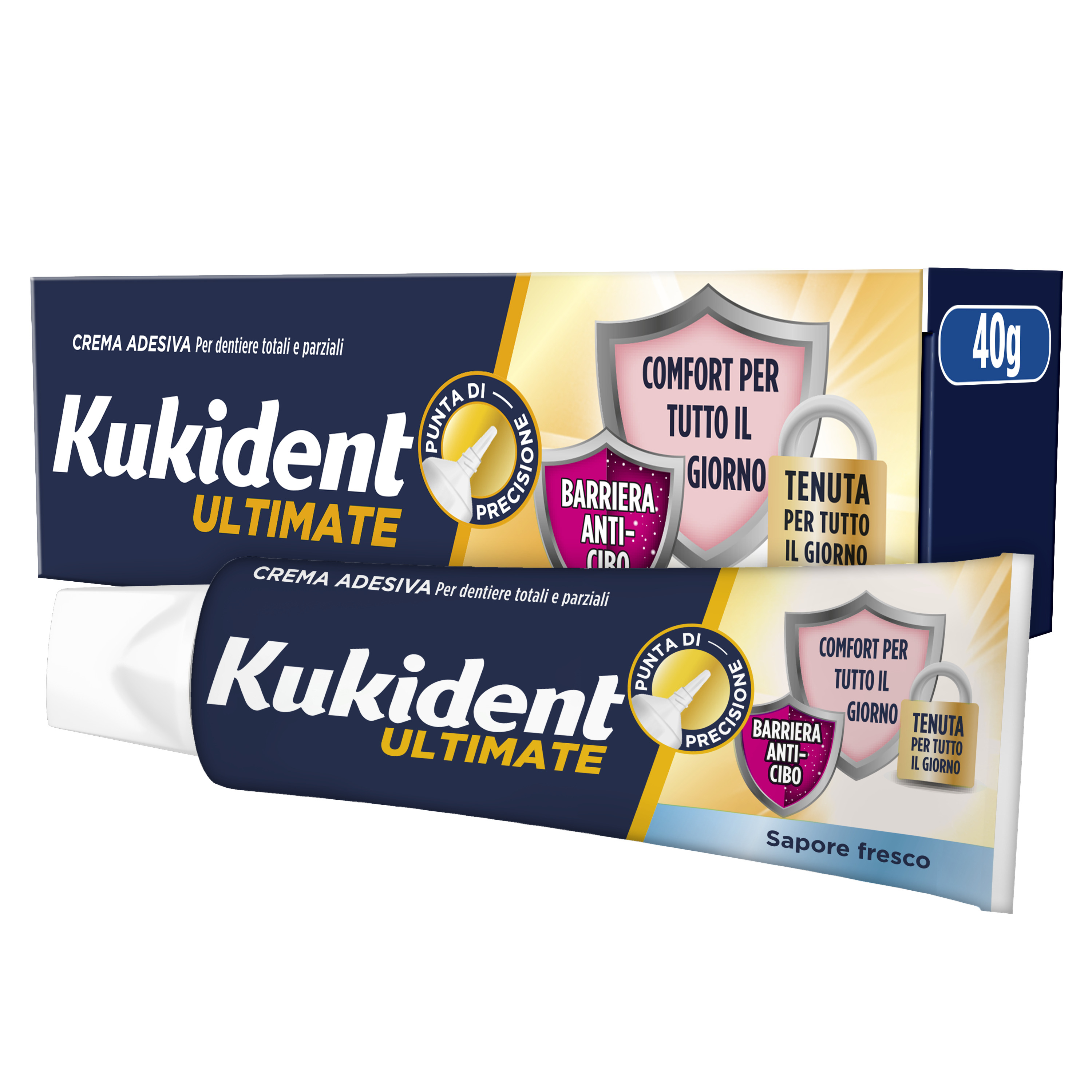 Kukident Ultimate Barriera Anti-cibo. Crema Adesiva Per Dentiere Totali e Parziali. Sapore Fresco 40g