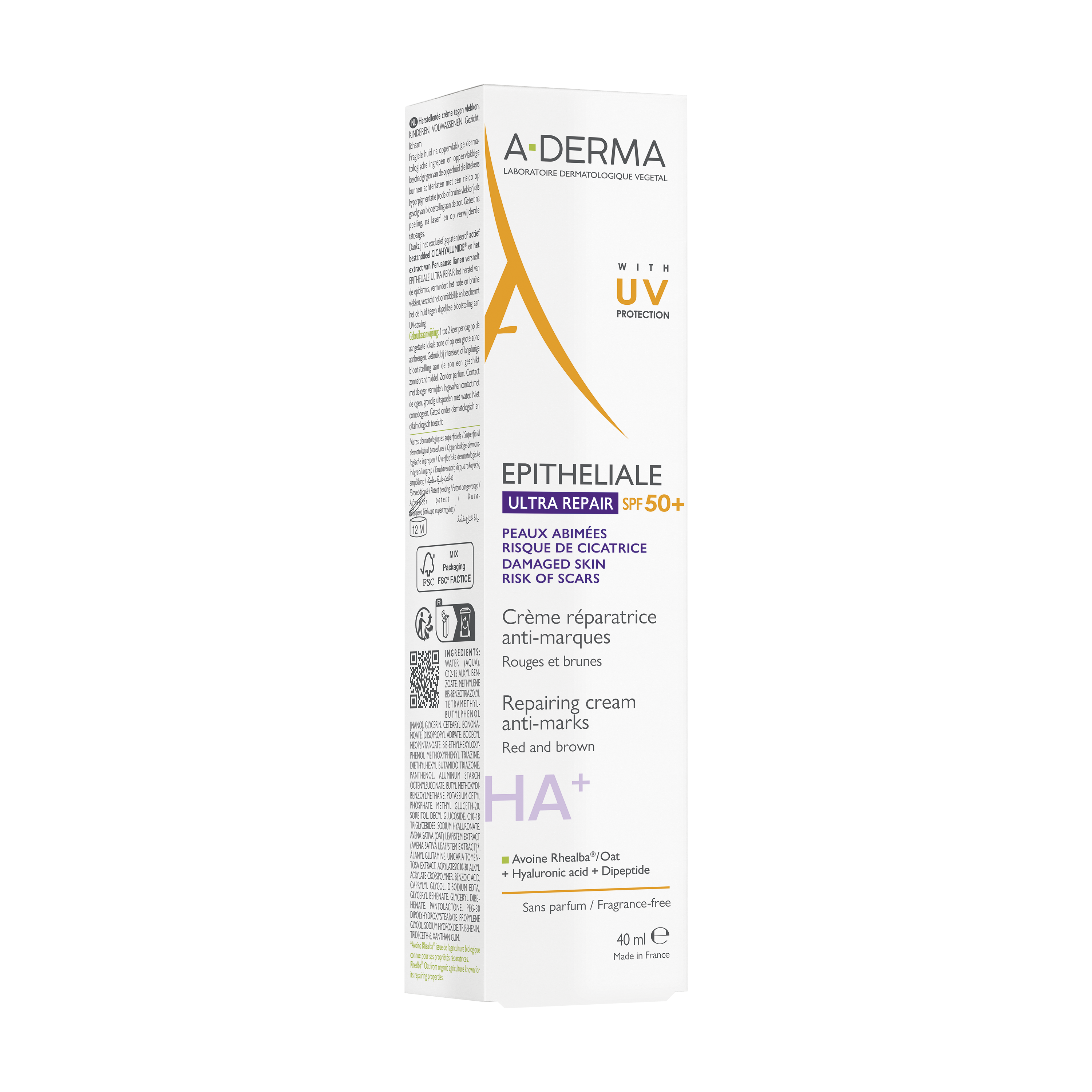 A-Derma Epitheliale Ultra Repair SPF50+ Crema ristrutturante anti-segni residui, riparazione cutanea, protezione solare molto alta,  40 ml