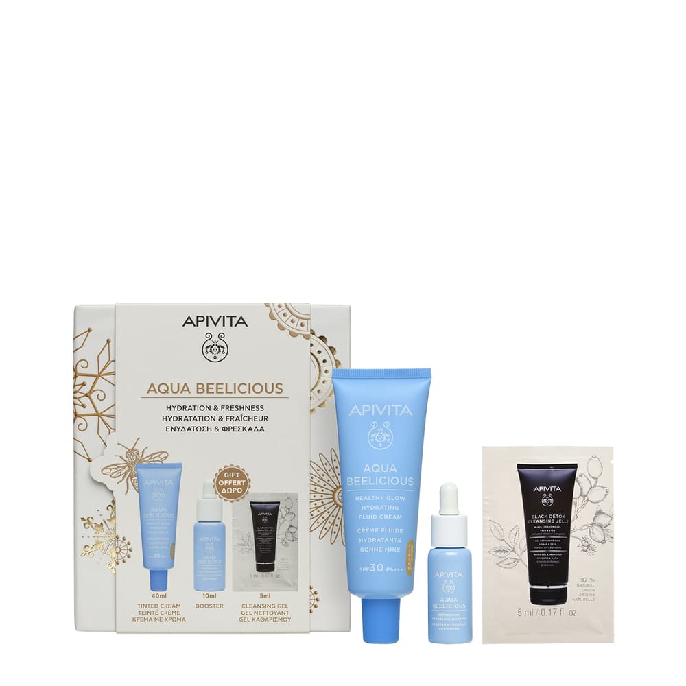 Apivita Aqua Beelicious Cofanetto Regalo - Crema Fluida Idratante Tinted 40 ml + Booster Rivitalizzante Idratante 10 ml + Gel Detergente Nero Viso Occhi 5 ml